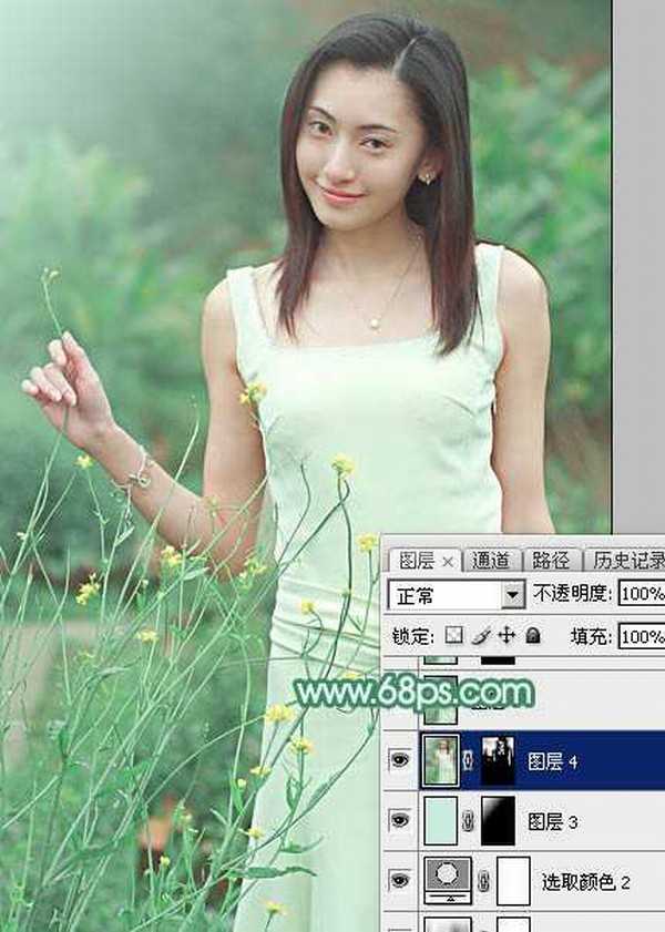 Photoshop调出甜美的清爽淡绿色外景美女