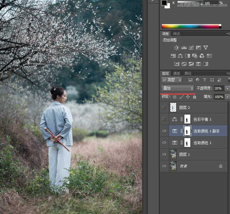 Photoshop调出外景梅花人像中国风冷色效果