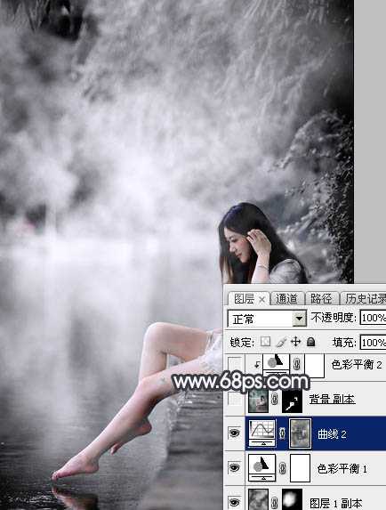 Photoshop使用图层样式打造唯美的古典淡蓝色树林人物图片